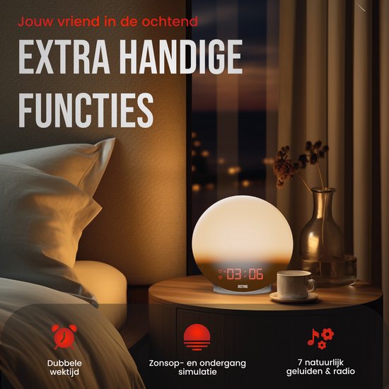 DistinQ Wake-Up Light – Wekkerradio met dubbele wektijd – Slaaphulp met USB aansluiting