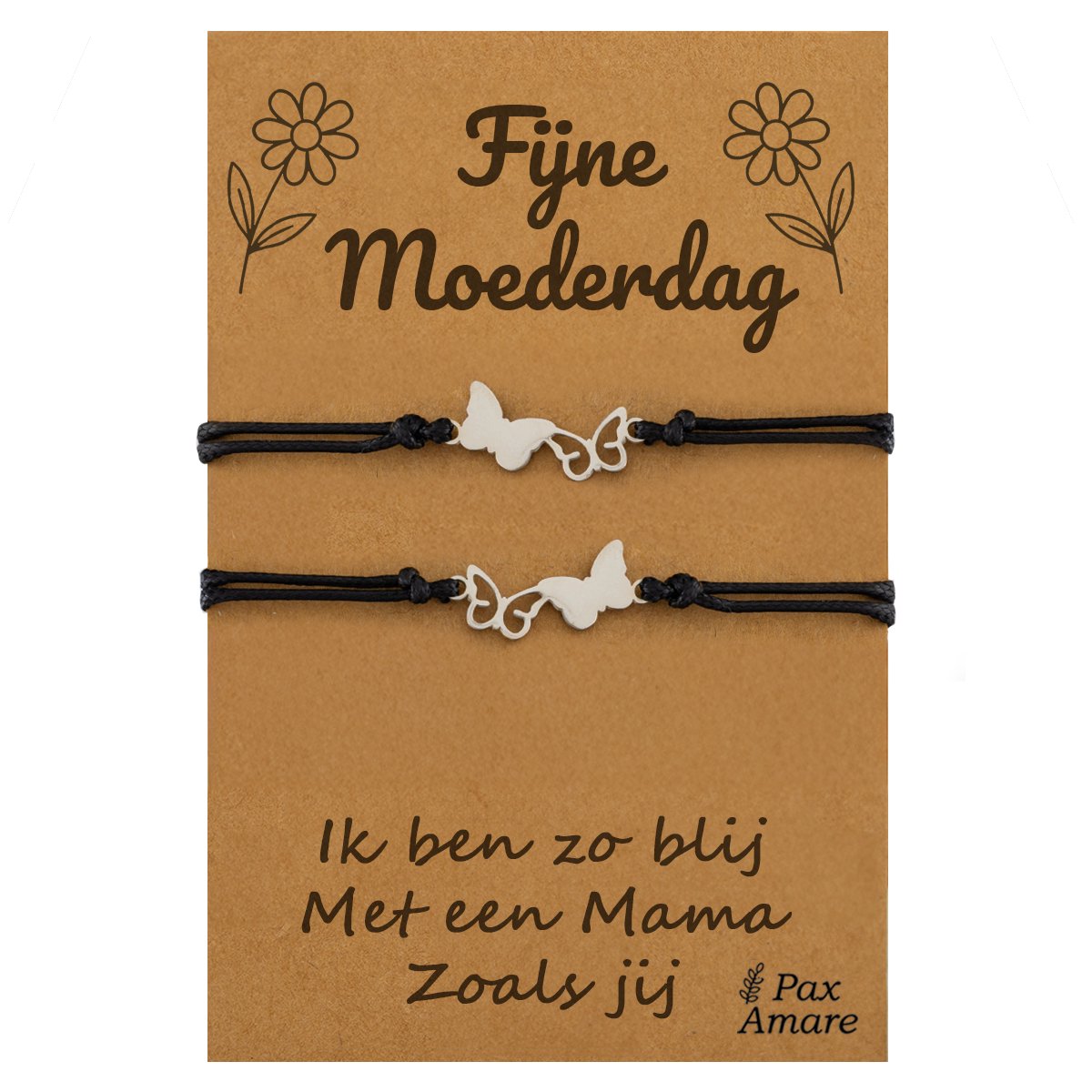 Moeder Kind Armbandjes voor 2 "Fijne Moederdag" - Vlinders - Vriendschapsarmbandjes met Persoonlijk Cadeau Kaartje - Zilverkleurig - Elastisch Verstelbaar - Pax Amare