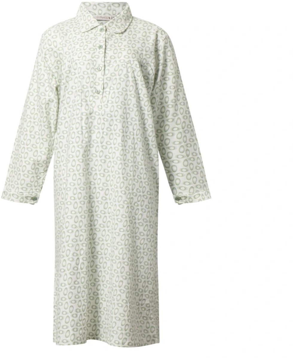Lunatex klassiek dames nachthemd 643997 met doorknoop - flanel - green egg Groen