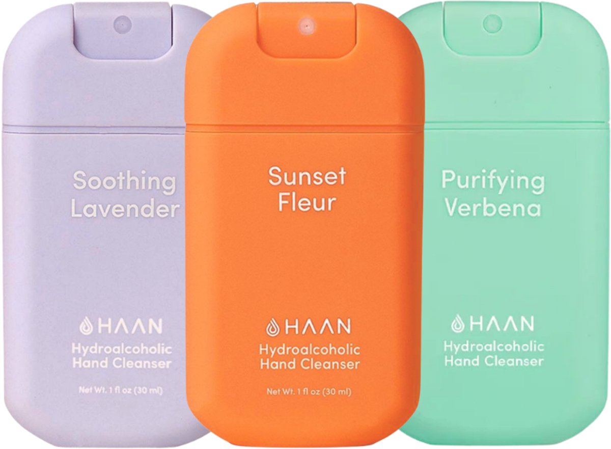 HAAN 3-Pack Mix Handspray Handverzorging Navulbaar 3x 30ml Sunset Fleur, Soothing Lavender & Purifying Verbena