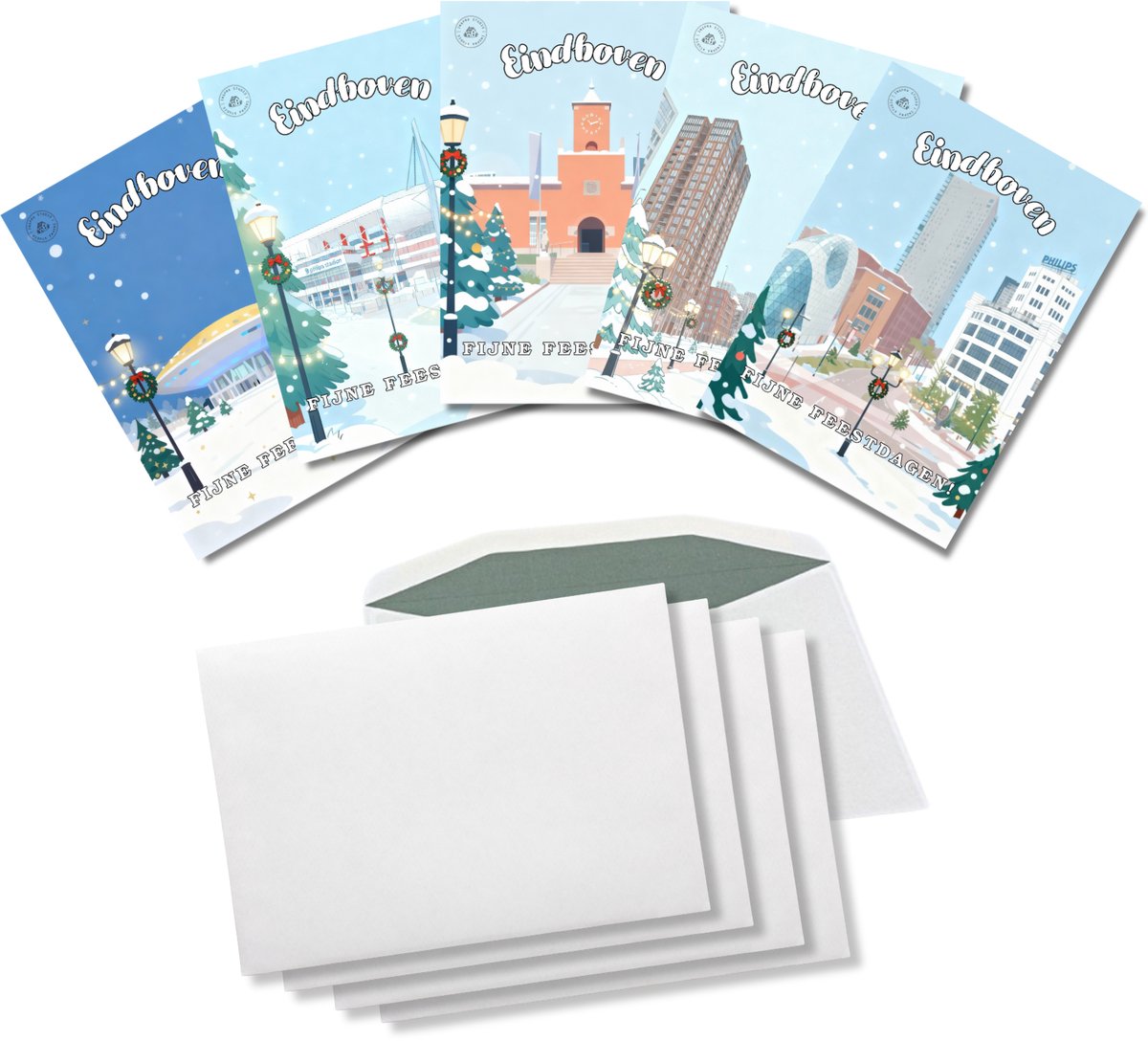 Inspra Studio – Luxe Kerstkaarten met Enveloppen – 5 Stuks – Eindhoven Stad Wenskaarten – Artistieke Illustraties van Nederlandse Steden