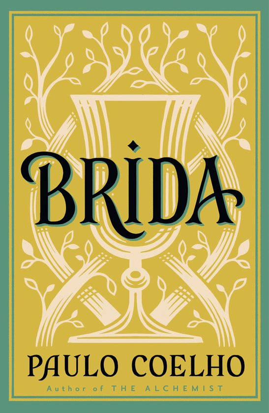 Boek "Brida" van Paulo Coelho, met een illustratie van een kelk, takken en bladeren op een gele achtergrond.