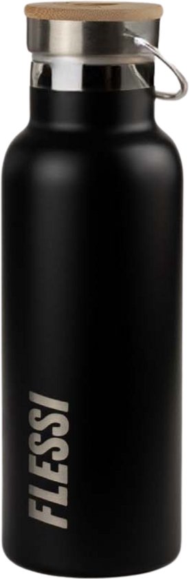Flessi® - Gourde en acier inoxydable pour Enfants - 500 ml - Sans plastique - Sans BPA - Isotherme - Thermos - Bouchon en acier inoxydable/ Bamboe - Zwart