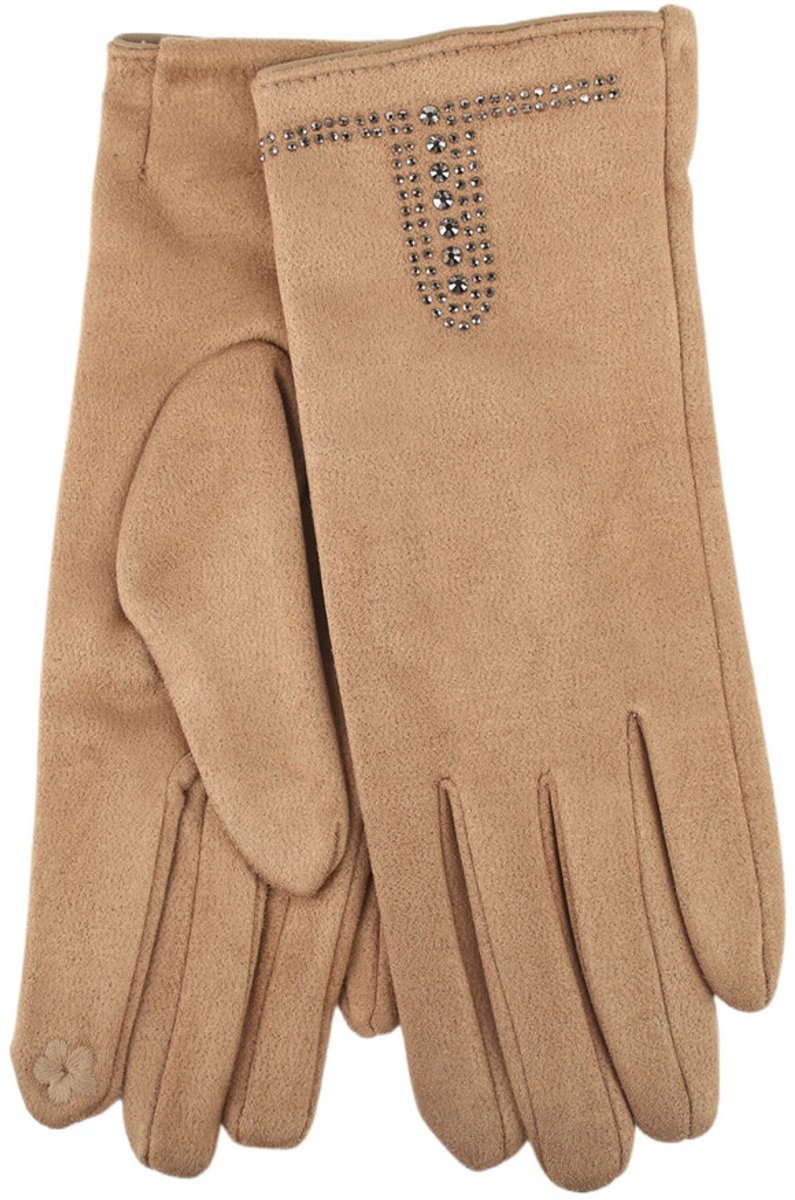Stevige faux suede dames handschoenen Minka-strass steentjes-effen camel bruin-touchscreenfunctie