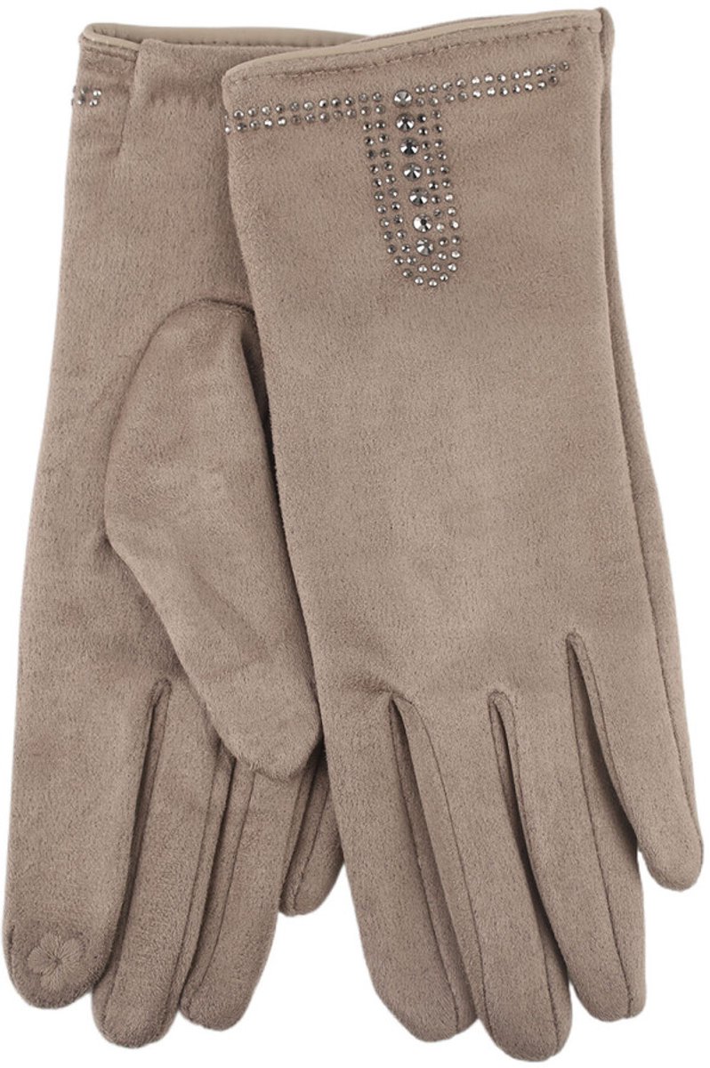 Stevige faux suede dames handschoenen Minka-strass steentjes-effen taupe bruin-touchscreenfunctie