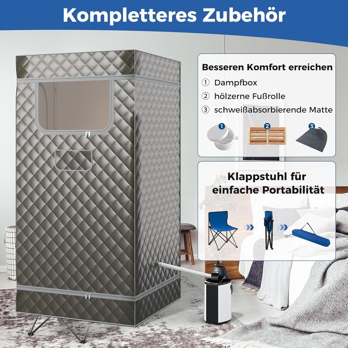 COSTWAY Stoomsauna, thuissauna voor thuis, full-body saunabox met 3-liter stoomgenerator, afstandsbediening, voetmassageapparaat en klapstoel, draagbare saunatent 91 x 91 x 183 cm (grijs) thumbnail 3
