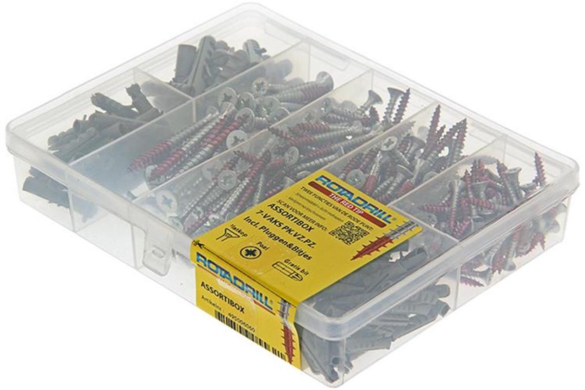 Rotadrill schroeven en pluggen assortimentsbox 7-vaks TX incl bitjes