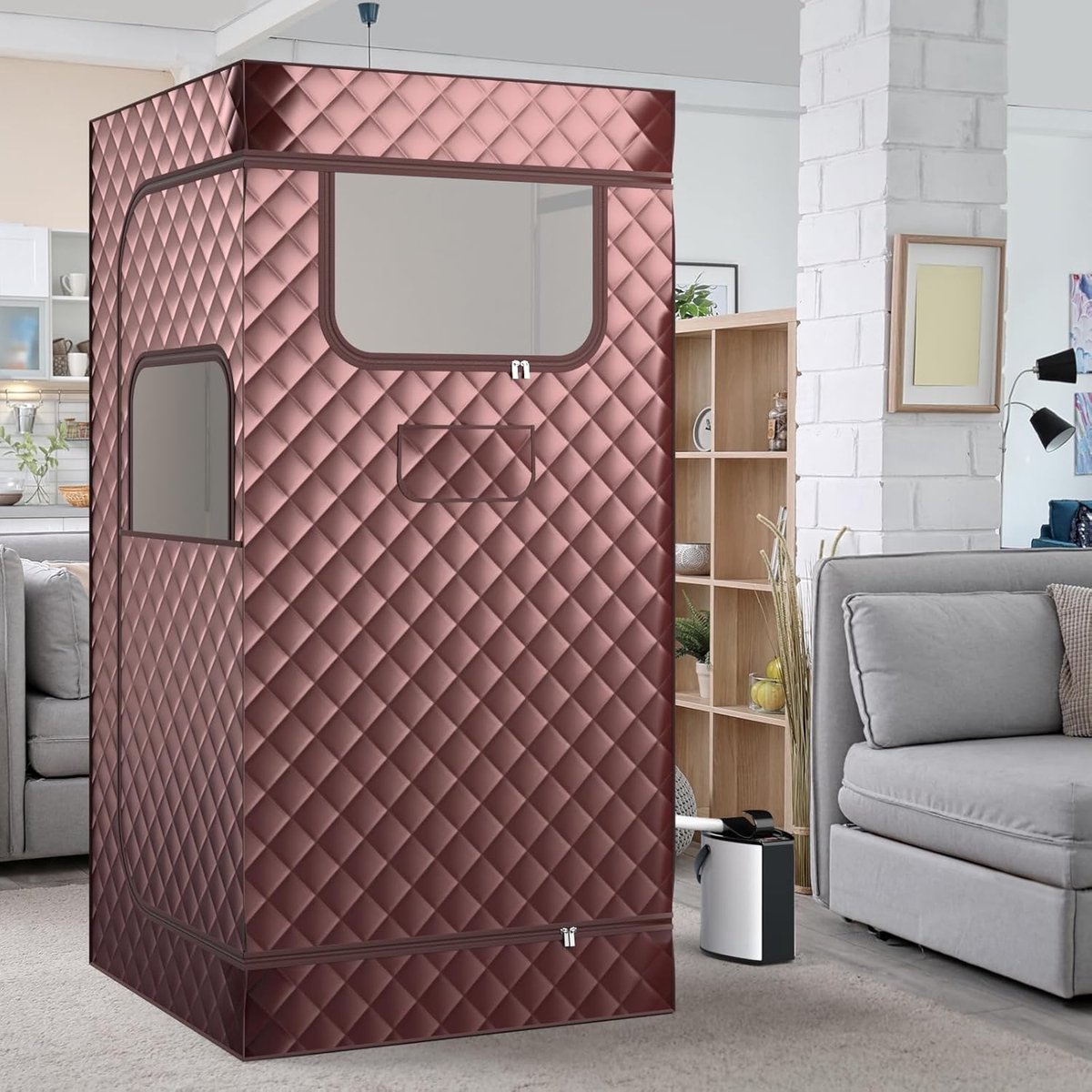 COSTWAY Stoomsauna, thuissauna voor thuis, full-body saunabox met 3-liter stoomgenerator, afstandsbediening, voetmassageapparaat en klapstoel, draagbare saunatent 91 x 91 x 183 cm (bruin) thumbnail 6