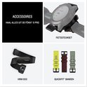 Collage van Garmin Fenix 8 Pro accessoires: fietssteun, hartslagband HRM 600 en QuickFit banden in geel, rood en groen.