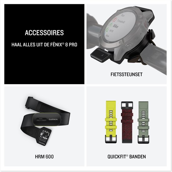 Collage van Garmin Fenix 8 Pro accessoires: fietssteun, hartslagband HRM 600 en QuickFit banden in geel, rood en groen.
