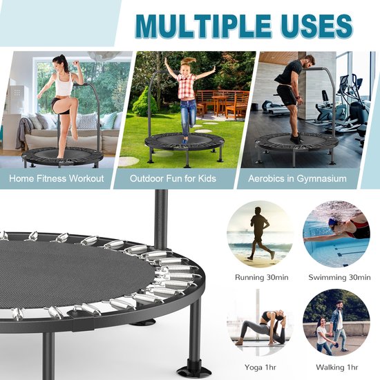 DH FitLife Trampoline Fitness Intérieur Pliant 102cm - Capacité 150kg Avec Poignée Réglable
