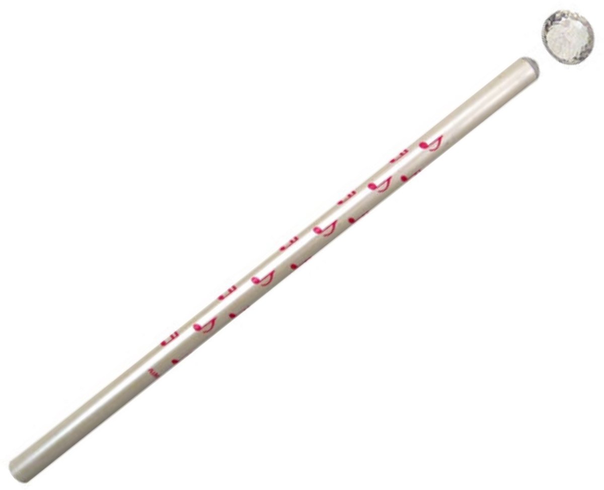 Potlood met kristallen tip, pianotoetsen, muzieknoten, roze
