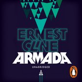 Boekcover voor Armada, met neonletters en groene driehoeken.