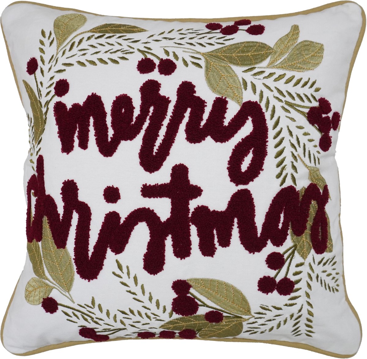 Urbane Hide Kerstkussen - Kerst Kussenhoes Geborduurd met Merry Christmas en Bessenkrans - Vierkante Kussenhoesjes voor Kerst - Kerstkussens met Vrolijk Kerstfeest Design - 45x45 cm - Katoen - Wit/Rood - Zonder Binnenkussen Type A