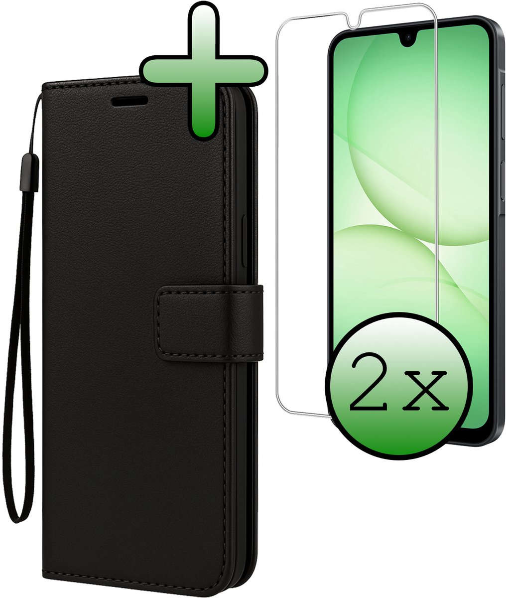 Hoesje Met 2x Screenprotector - Geschikt voor Samsung Galaxy A17 - Luxe Pasjeshouder - Bookcase Portemonee - Flip Case - Kunstleer Book Case - Flipcase Hoes - Book Cover - Walletcase - Portemonneehoes - Zwart