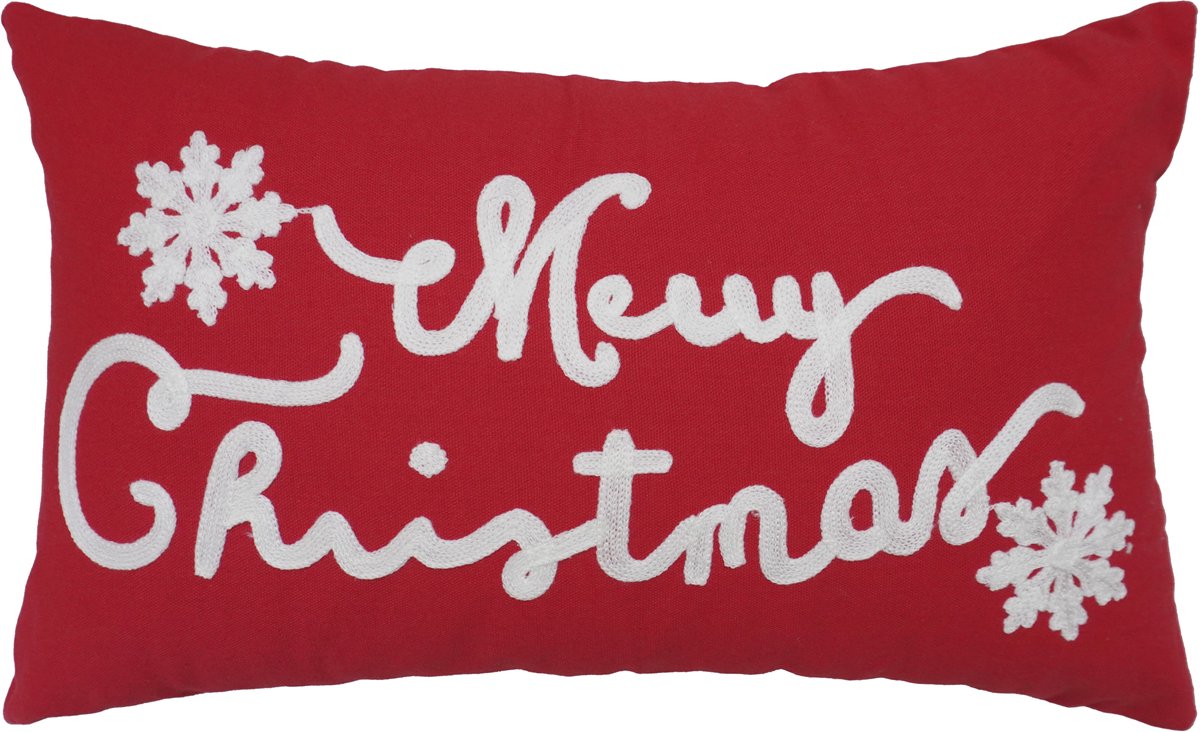 Urbane Hide Kerst Kussenhoes | Kussenhoezen | Kussenhoesjes | Christmas | Geborduurd | Vrolijk Kerstfeest | 30x50 CM | Katoen | Rood/Wit | Zonder binnenkussen Type F