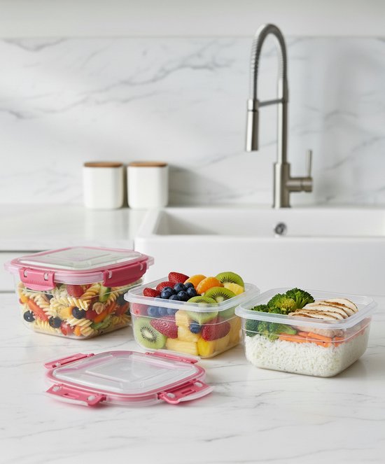 Tobeyz - 3-delige Vershoudbakjes Set met Deksel – Meal Prep Bakjes - Diepvriesbakjes - Vierkant Voedselcontainer - 500ml, 900ml, 1500ml - Luchtdicht, BPA-vrij, Herbruikbaar - Roze - QS141