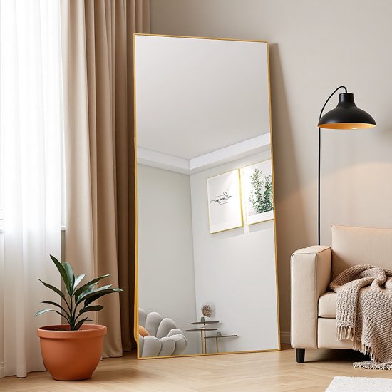 DAHUEN Spiegel in volledige lengte, 162 x 53 cm, staande boogspiegel met metalen frame, standaard, full-body spiegel, kleedspiegel voor slaapkamer, woonkamer, kleedkamer (goud
