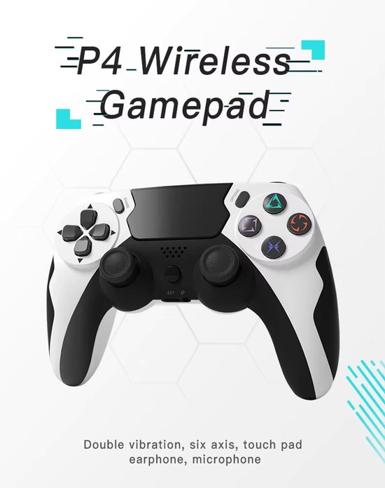 P4 draadloze gamepad, wit en zwart, met tekst over dubbele vibratie, zes assen en touch pad.