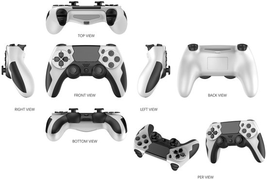 Zwarte en witte controller, diverse aanzichten: boven, onder, voor, achter, links, rechts en per.