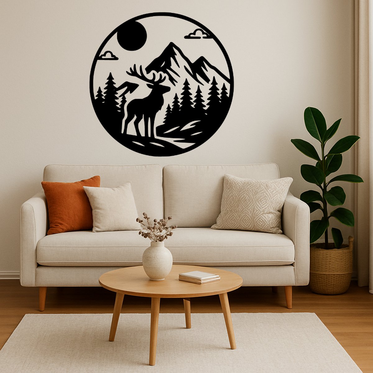 Hert in Cirkel Wanddecoratie Hout – Natuur Muurdecoratie – Lasergesneden Dieren Design – Compact Cadeau voor Natuurliefhebber – Woonkamer & Kantoor Decor – 30 cm Breed