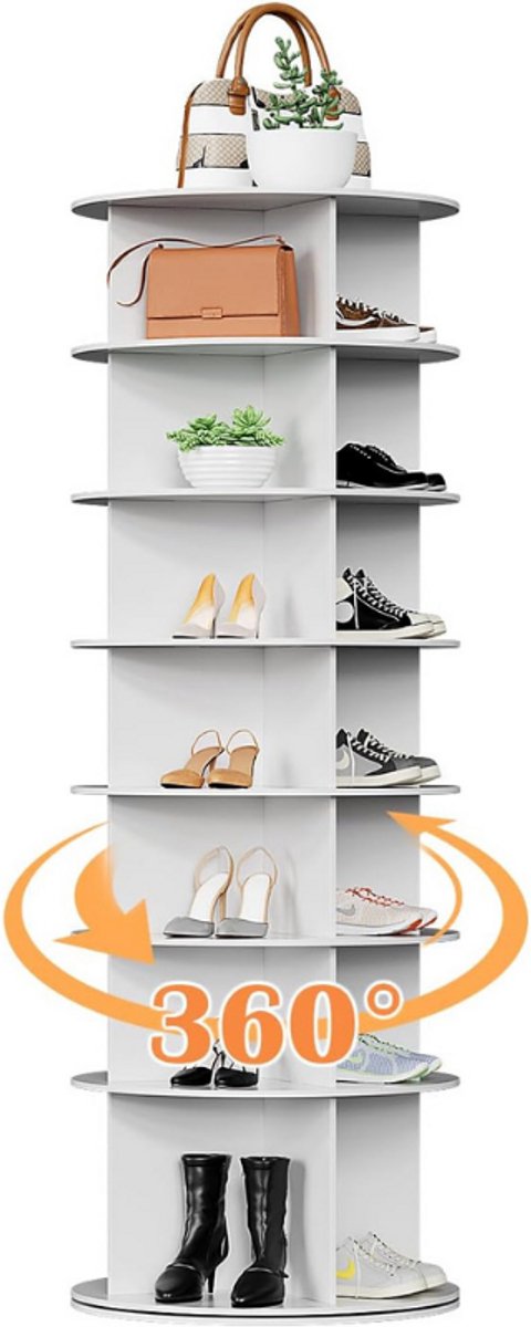 Schoenenrek Met 7 Niveaus - Draaibare Kast - Multifunctioneel Schoenenrek - Smal - Verticaal - Organizer - Ruimtebesparend - Staand Rek - Opbergrek - Hoekrek - Vrijstaand - Wit