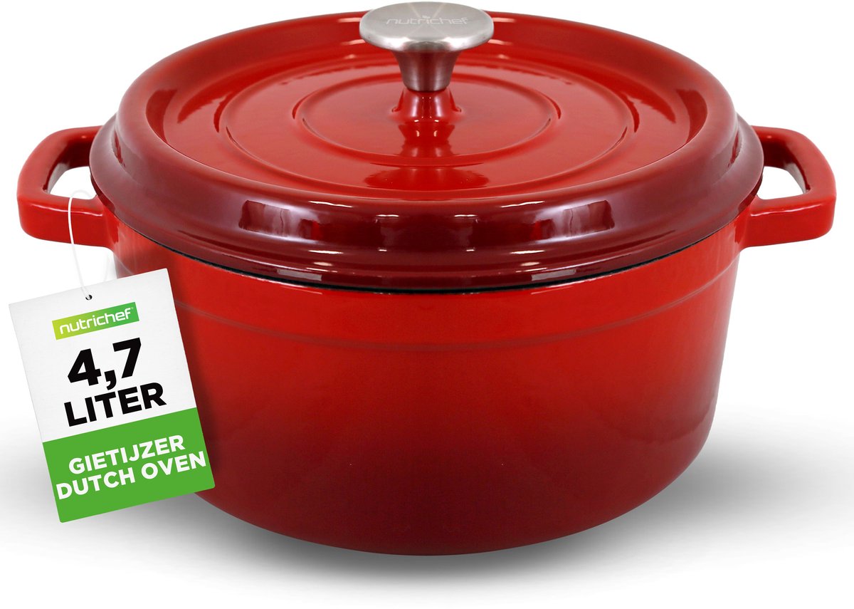 NutriChef Dutch Oven - Geëmailleerde Gietijzeren Ronde Dutch Oven - Porselein Geëmailleerde Gietijzeren Bakpotten met Zelf-Bastende Deksel-Rood-Middelgroot