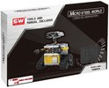 Doos van metalen bouwpakket robot, 'Micro Steel World', met afbeelding van de robot, afstandsbediening en tekst 'Tools and Manual Included'.