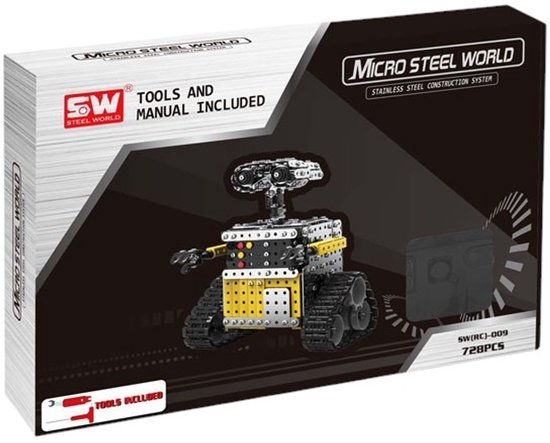 Doos van metalen bouwpakket robot, 'Micro Steel World', met afbeelding van de robot, afstandsbediening en tekst 'Tools and Manual Included'.