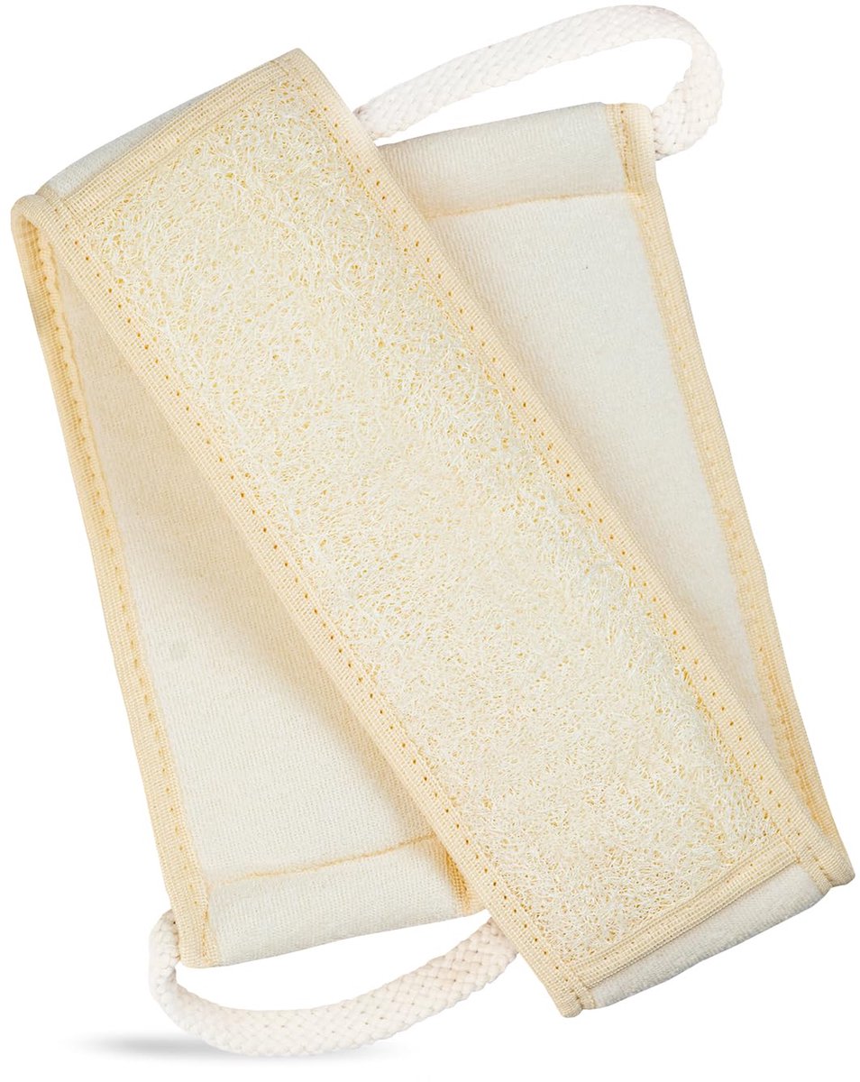 Natuurlijke luffa voor douche, rugscrubber, extra lange scrubband gemaakt van natuurlijke luffa vezels, diepreinigende lichaamspons voor mannen en vrouwen - Zacht katoenen handvat, 1 stuk