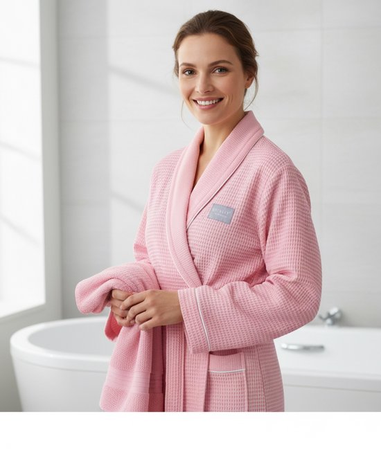 Betully ® - Unisex Wafelbadjas - Badjas van 100% Turks katoen - Antraciet - Wafelbadjas voor dames en heren - Kleine/middelgrote maat - Kamerjas - Sjaalkraag - Badjas voor dames - Badjas voor heren - Maat S/M- Roze