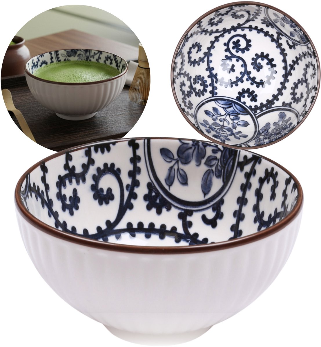 Japanse keramische Chawan-kom voor het zetten van matcha-thee - blauwe ornamenten 280 ml