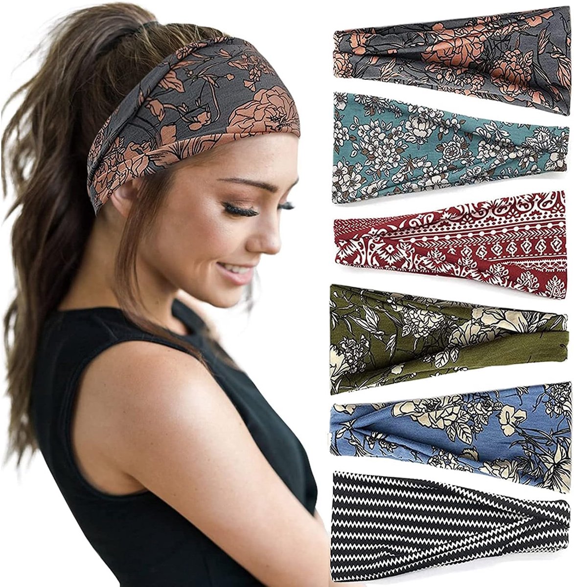 Crrynuo Dames Sport Yoga Hoofdband Elastische Katoenen Brede Hoofdband - 6 stuks