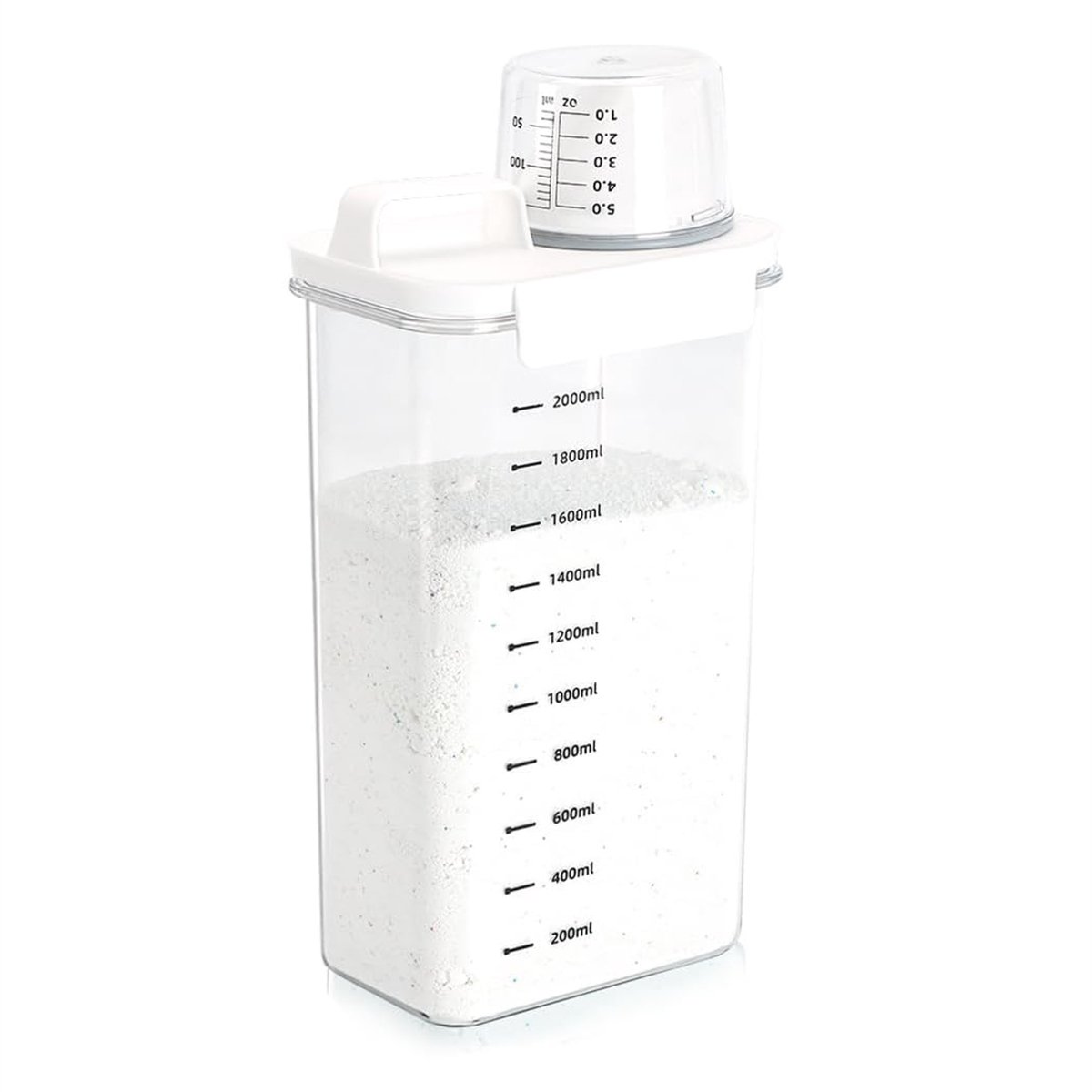 Ynkkvre-Wasmiddel Capsules met Doseerbeker – Luchtdichte Waspoeder Dispenser – PET Transparante Opbergdoos 2300 ml – Geschikt voor Waspoeder en Wasparfum