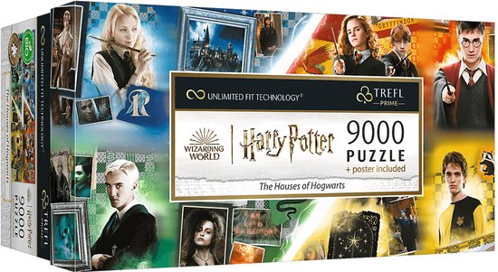 Doos met Harry Potter puzzel van 9000 stukjes "The Houses of Hogwarts", met personages als Luna, Draco, Hermione, Ron en Harry.