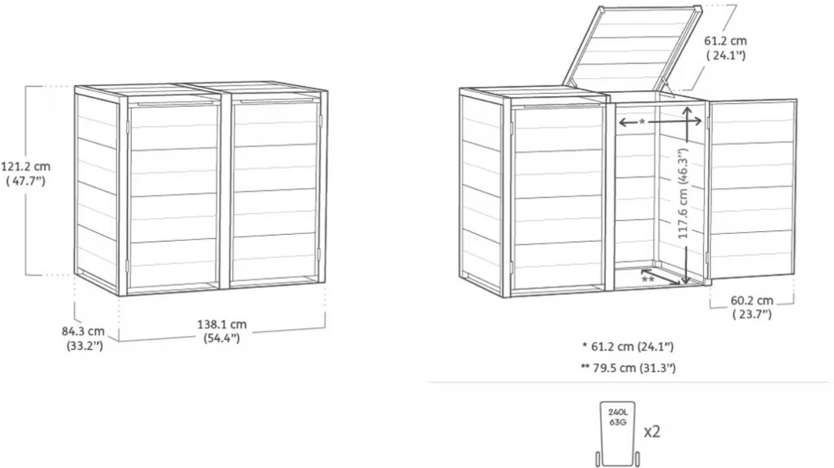 Keter Hide Away Containerberging - 2x 240L - Ashwood