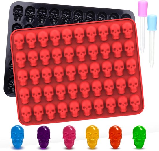 Foto: Daity set van 2 schedelchocolade siliconen mallen 50 holtes antiaanbak schedel siliconen mallen van voedingskwaliteit fondant siliconen mallen met 2 druppelaars voor chocolade snoep gelei en ijsblokjes
