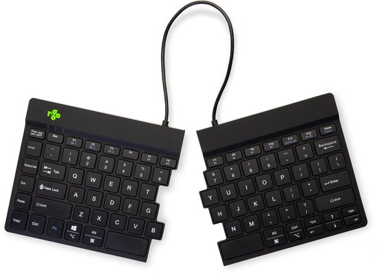 Een zwart gesplitst QWERTY-toetsenbord met een kabel die de twee helften verbindt, afgebeeld op een witte achtergrond.