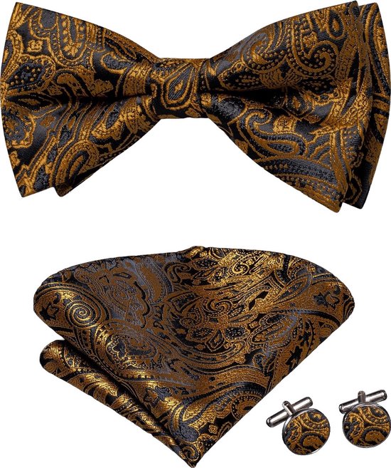 Set nœud papillon Sorprese - Pochette et Boutons de manchette inclus - 100 % soie - Motif cachemire Zwart/ Goud - Ensemble d'accessoires de Luxe pour homme - Nœud papillon - Nœud papillon
