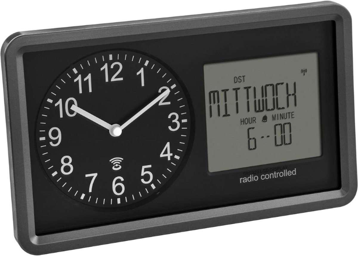 Analoge Radiogestuurde Klok Met Kalender - Seniorenklok Met Alarm En Snooze - Digitale Weekdag En Datum Weergave - Tafelklok Met Backlight - Zwart