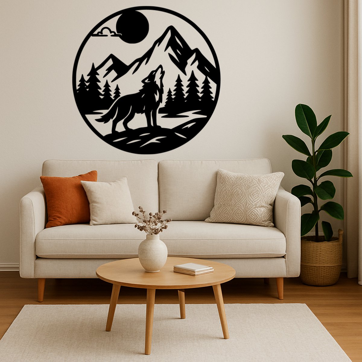 Wolf in Cirkel Wanddecoratie Hout – Natuur Muurdecoratie – Lasergesneden Dieren Design – Compact Cadeau voor Natuurliefhebber – Woonkamer & Kantoor Decor – 30 cm Breed