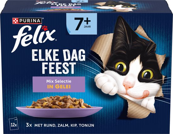 Felix Elke Dag Feest 7+ Senior Mix Selectie - Kattenvoer Natvoer - Zalm Tonijn Kip & Rund - 48 x 85 g