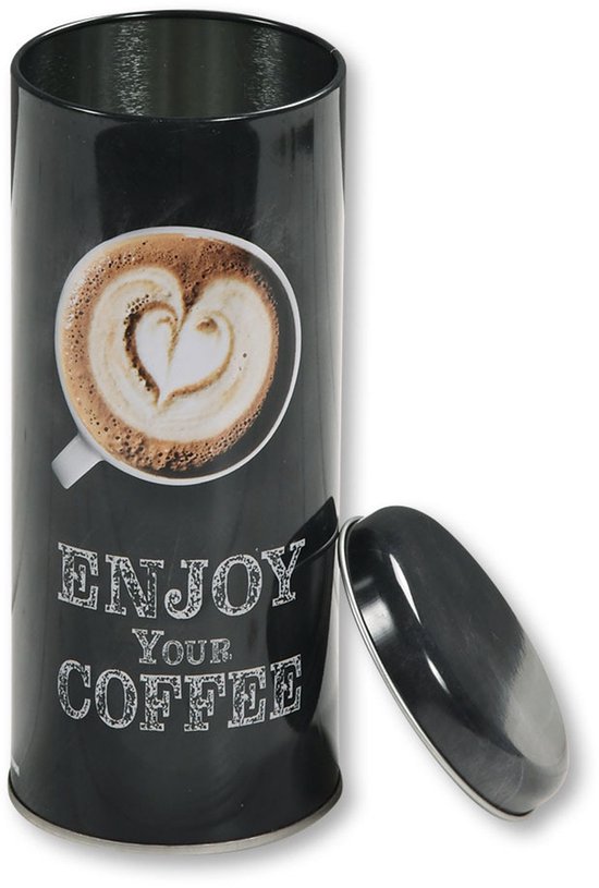 Zwart koffieblik, deksel eraf, met tekst 'ENJOY YOUR COFFEE' en een afbeelding van een kopje koffie met hartjes.