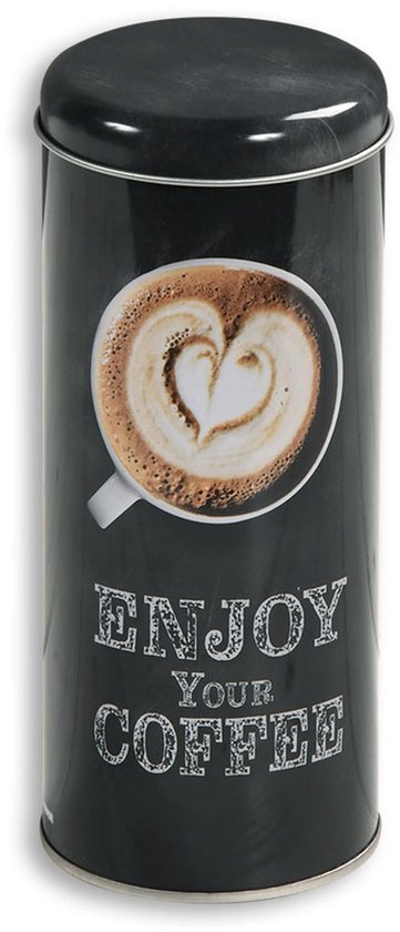 Zwart koffieblik met de tekst 'ENJOY YOUR COFFEE' en een afbeelding van een kopje koffie met hartjesschuim.