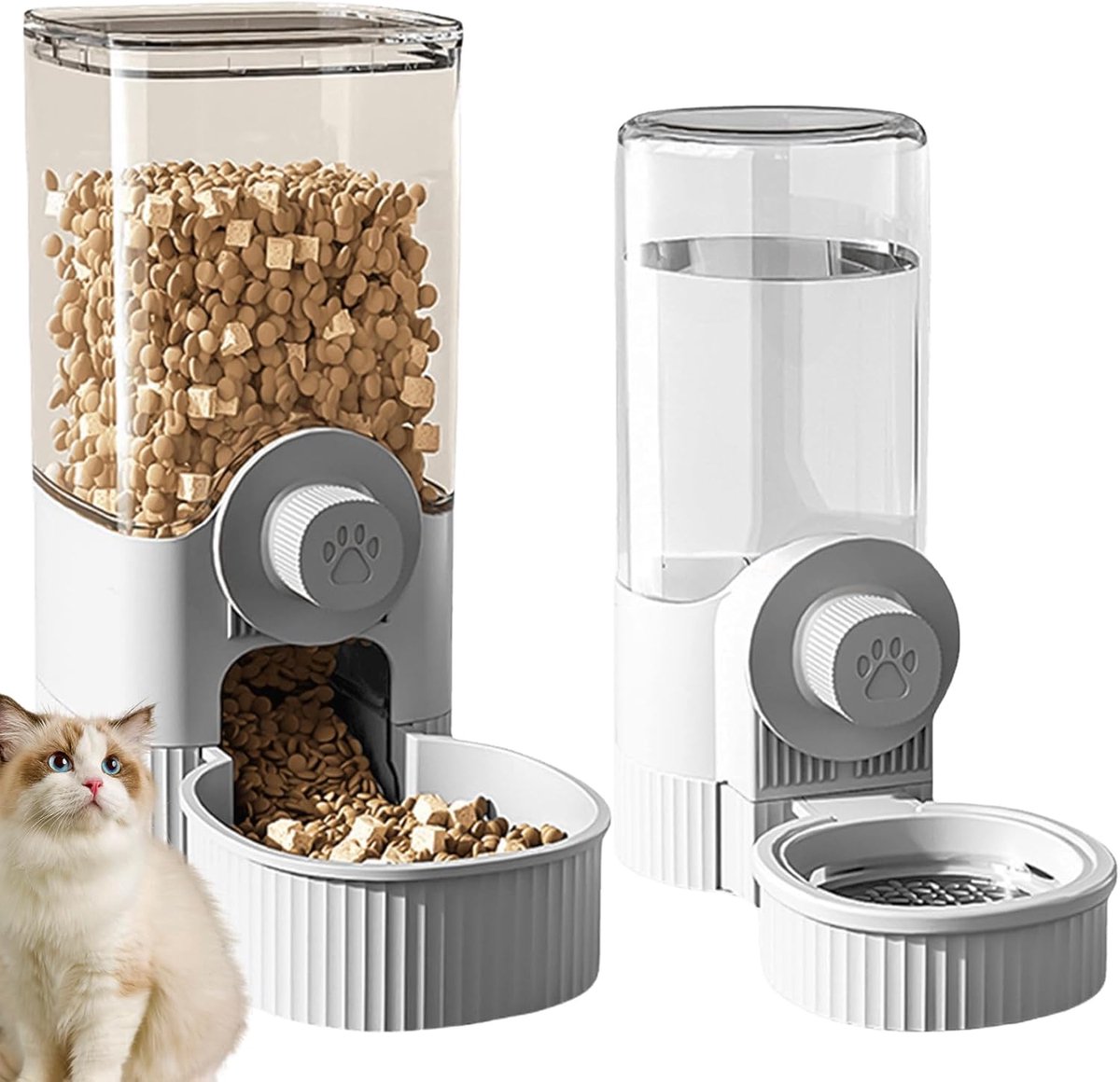 Automatische voerdispenser, voederautomaat voor katten, 520 ml, zwaartekracht, waterdispenser en 1,2 l voederautomaat voor kat en hond voor nat-/droogvoer, voor kleine, middelgrote huisdieren (grijs)