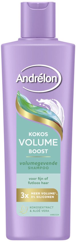 Paarse fles Andreélon Kokos Volume Boost volumegivende shampoo voor fijn haar.