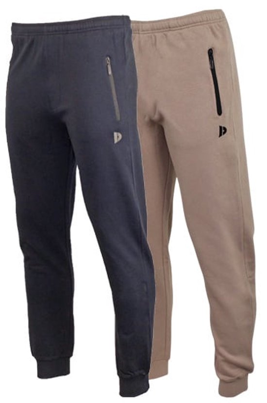 Paar joggingbroeken, één navy en één taupe-grijs, met ritszakken en elastische boorden.