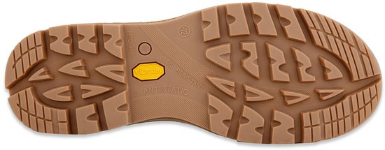 Onderkant van een bruine werklaars met een dikke, antistatische Vibram zool met grof profiel.