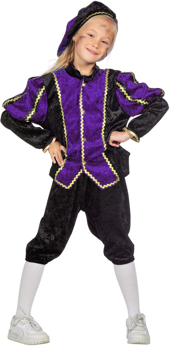 Wilbers & Wilbers - Pietenpakken - Vrolijk Pietje Paarse Pietenpak Kind Kostuum - Paars - Maat 104 - Sinterklaas - Verkleedkleding