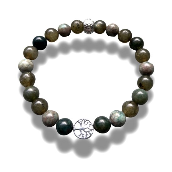 Elastische armband met mosagaat, blauwe jade, labradoriet en levensboombedel.